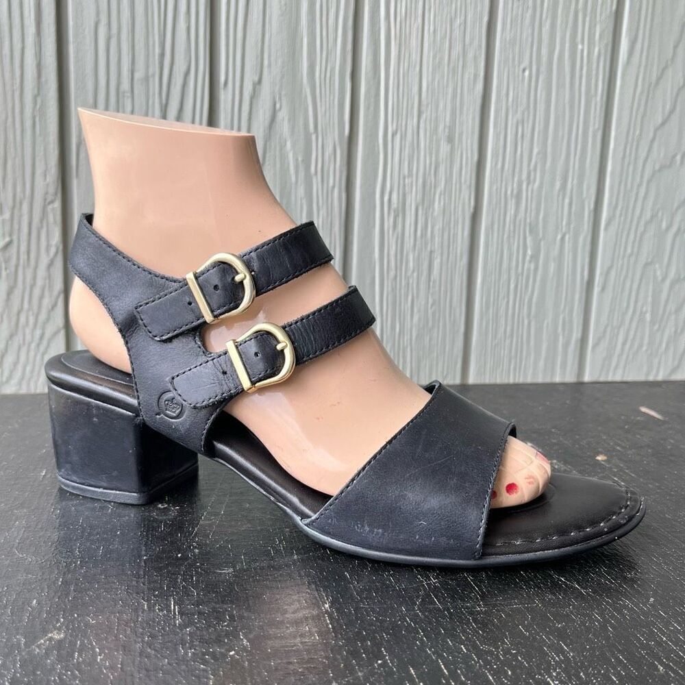 Born Black Leather Block Heel Strappy Sandals with Double Buckles Size 9M
